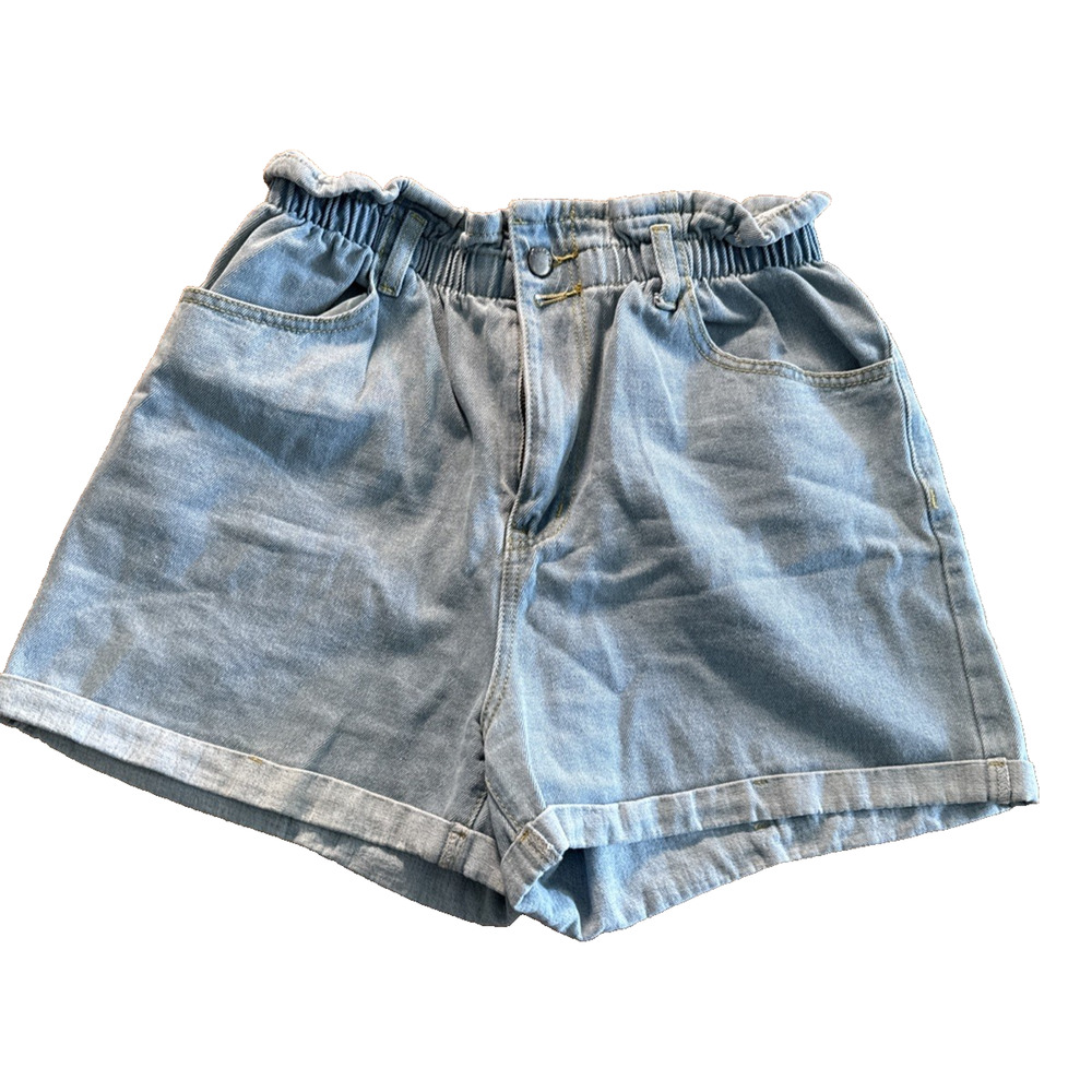 Plaid & Plain Blue Light High Waist Paperbag Shorts Women’s Size Large L